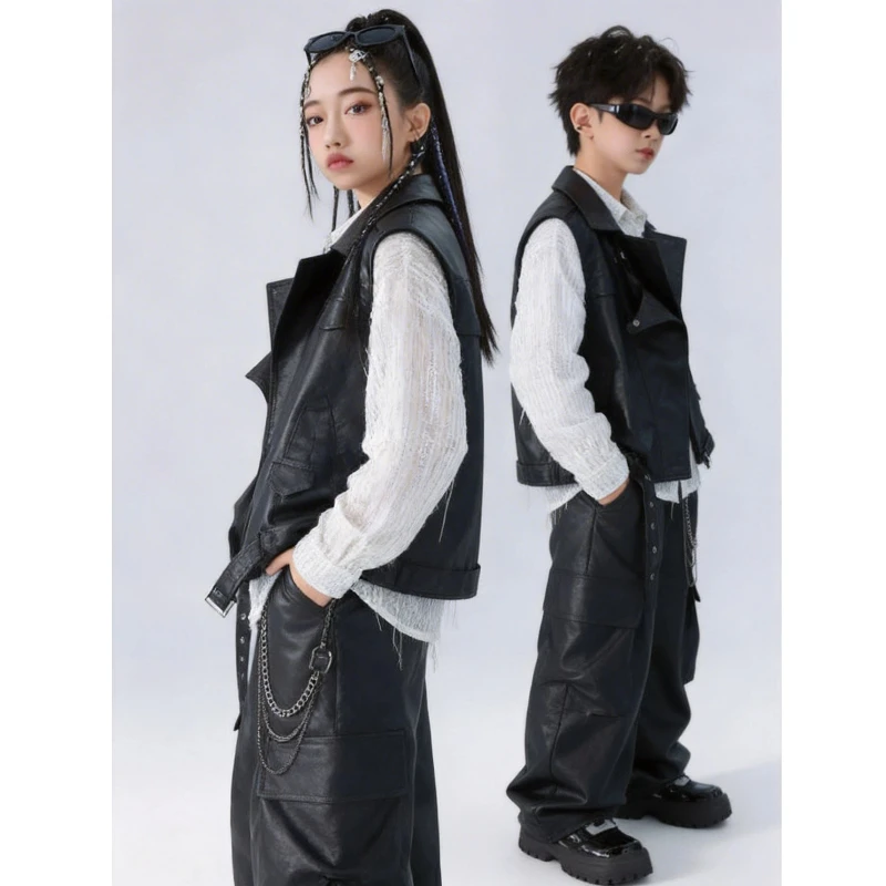 New Girls' Jazz Dance Stage T-Stage Performance Set,Children's Hip Hop Fashion Set, Boys' Hip Hop Leather Jacket Set