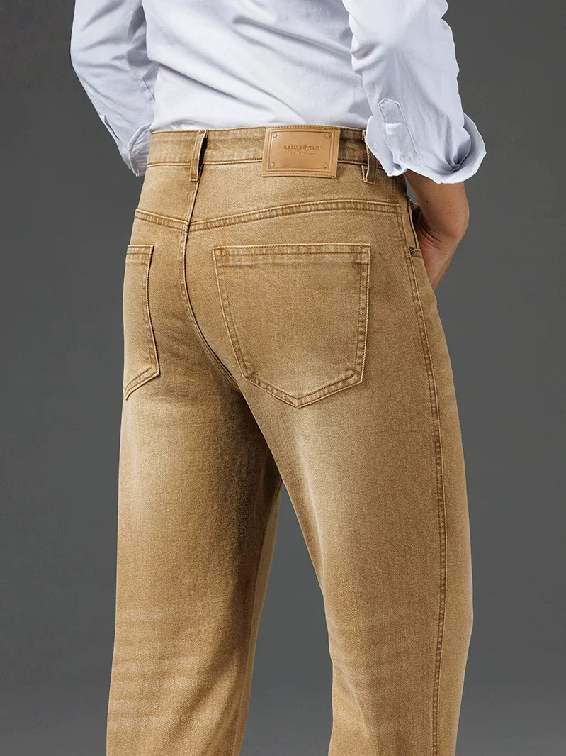 Winter Autumn Straight Denim Mens Jeans Pants Black Gray Yellow Stretch Loose Thicken Casual Jeans For Male Size 40 42 44