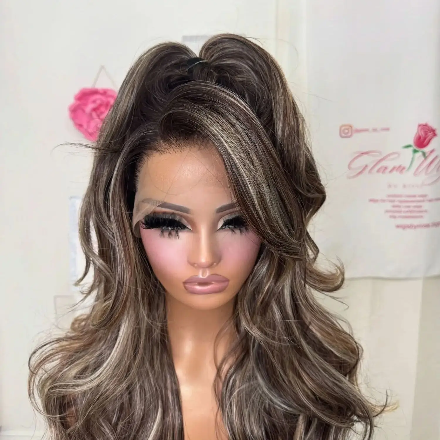 28 Inches Dark Wigs with Blonde Highlights Wigs Long Length Loose Wave 180% High Density Middle Part Synthetic Lace Frontal Wigs