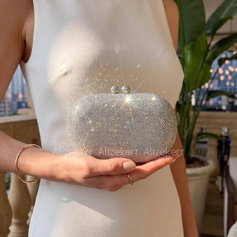 Alizekerr Oval Diamond Clutch Bag Ladies Boutique Luxury Glam Shiny Rhinestone Hard Box Evening Handbag Wedding Party Banquet