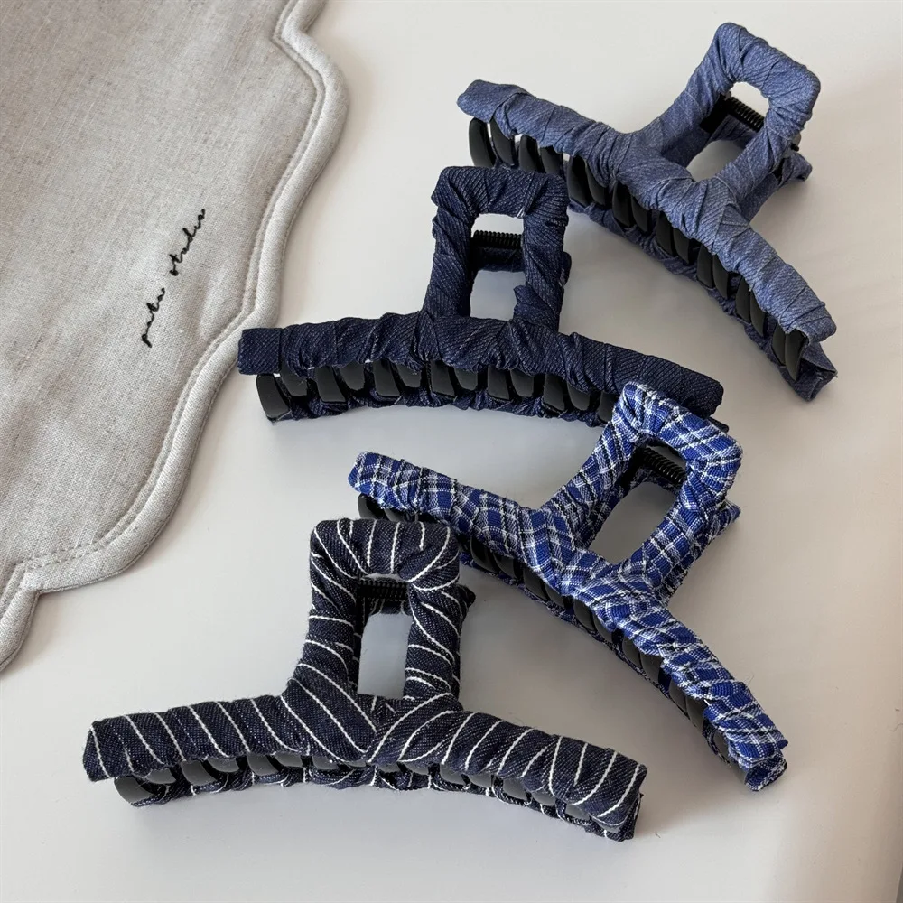 

NEW 13CM Large Striped Denim Hair Claw Korean Style Handmade Claw Clips Retro Trendy Hair Clips for Women Girls Hair Accessories