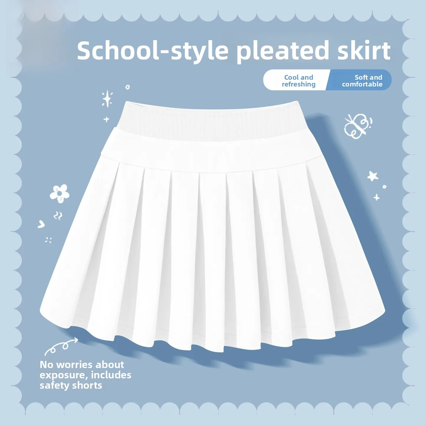 bobdog-女の子用白プリーツミニスカート春夏通気性綿学生服スタイルハーフ丈スカート子供服