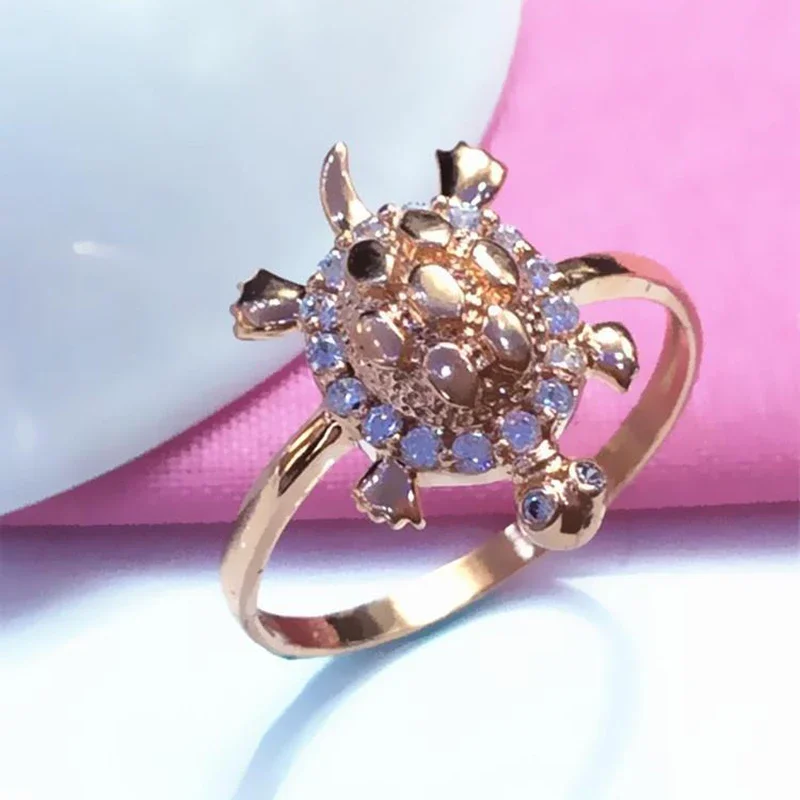 Classic Chinese Style Shiny Cute Turtle Shaped Rings for Women Rose Golden Inlaid Crystal Ring Exquisite Design Jewelry