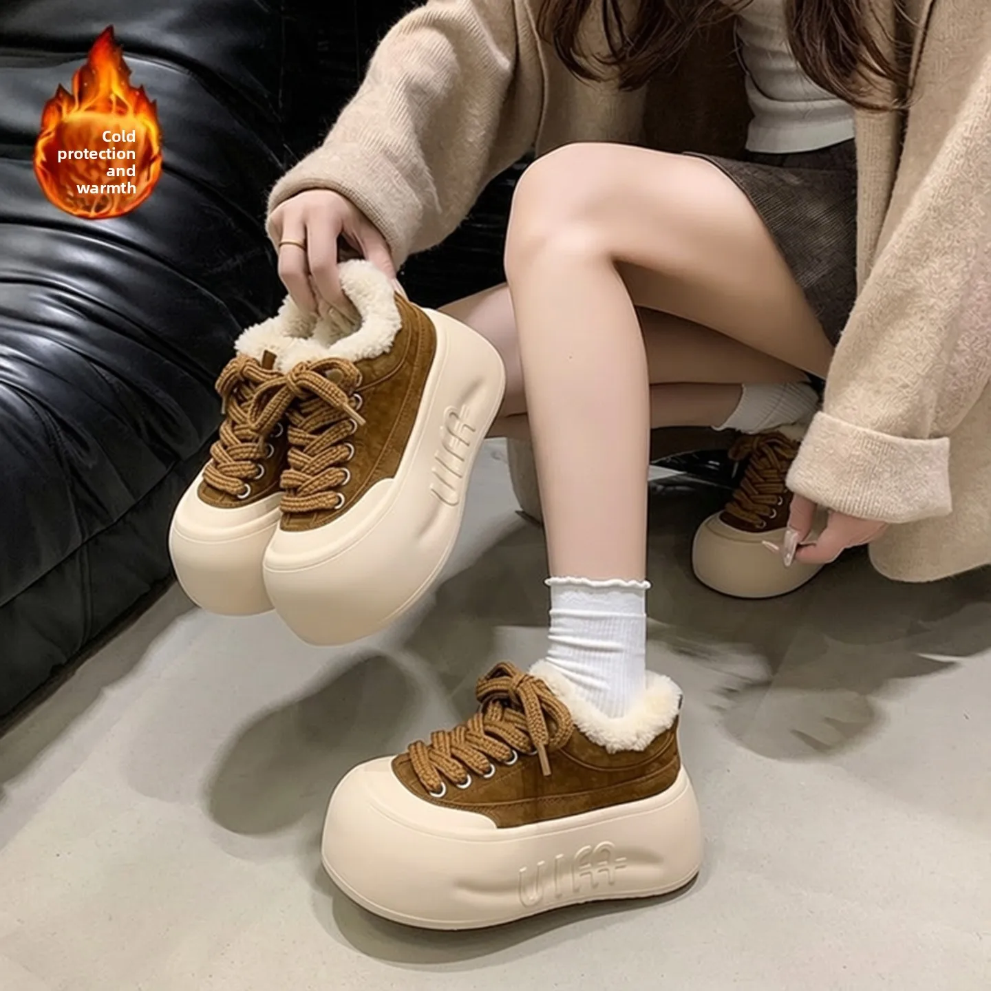 

Женские кроссовки на платформе с увеличенной подошвой, новинка 2025 года, повседневные, на меху, универсальные, низкие, на резиновой подошве