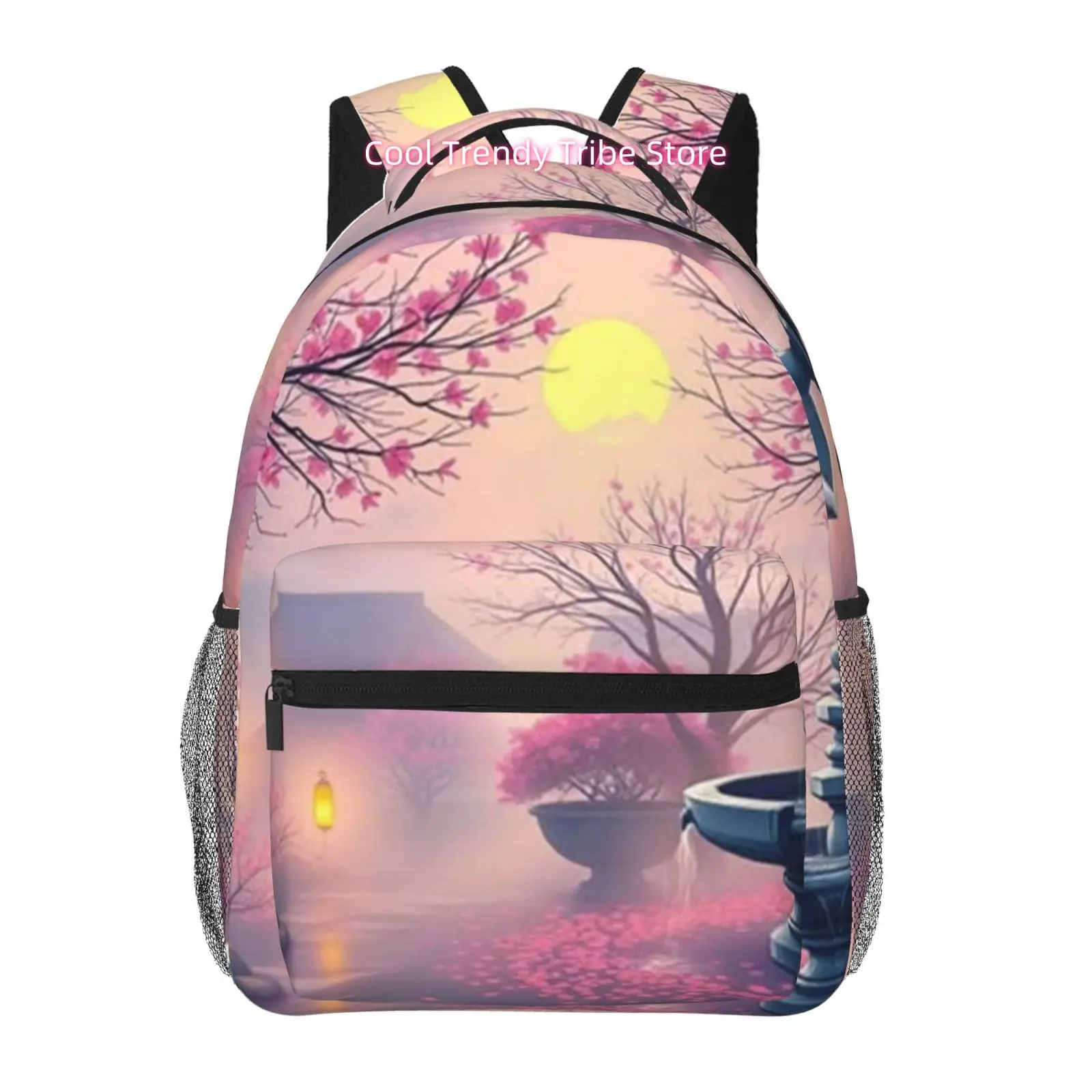 Japanese Cherry Blossom Garden Sunset Print Backpack, Oxford Cloth Adjustable Strap Casual Daypack, for Daily Outings, Travel Us