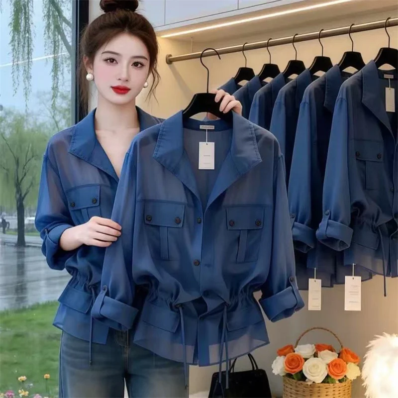 Blue Thin Micro-Transparent Shirt Coat Women's Spring Summer 2026 New Style Fashion Long Sleeve Tee Shirts Sunscreen Clothing