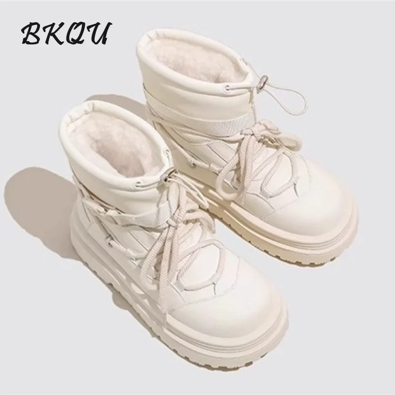 BKQU Wool Inlined Platform Muffin Snow Boots for Women 2024 Autumn/winter New All-match Warm Fluffy and Fleece Ankle Boots