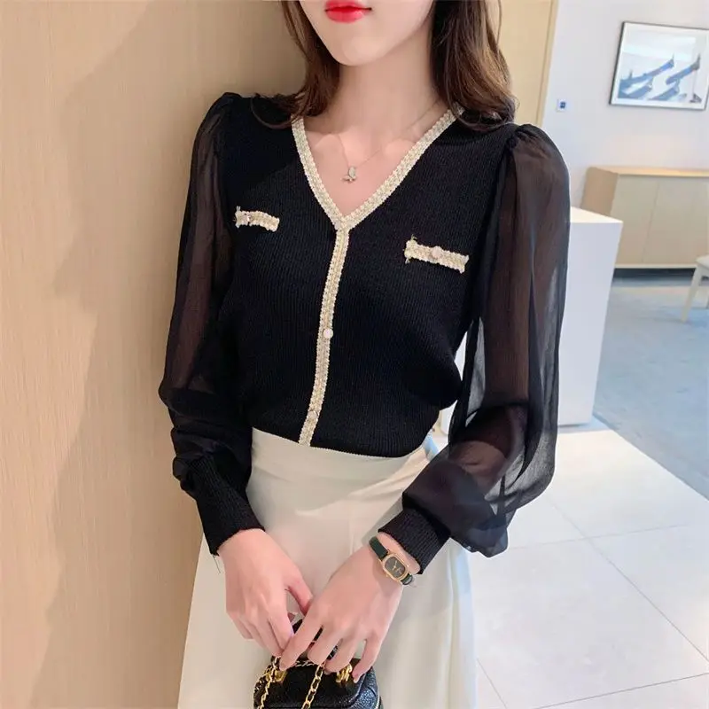 2024 New Fashion Design Light Luxury Knitwear Women's Spring/Summer Spliced Chiffon Bubble Sleeve Top Trendy