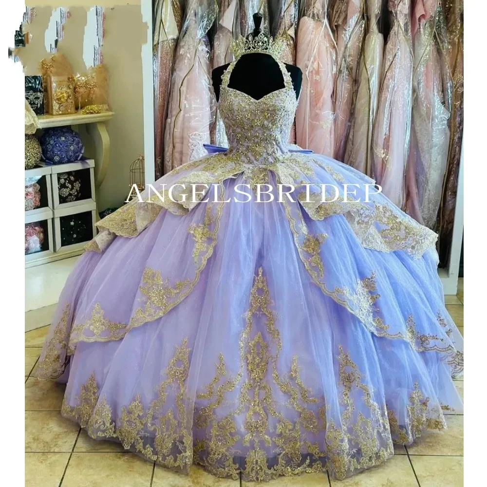 

Angelsbridep Sparkly Lavender Quinceanera Dresses Halter Neck Tiered Gold Appliques Beads Crystal Vestidos De 15 Años Corset