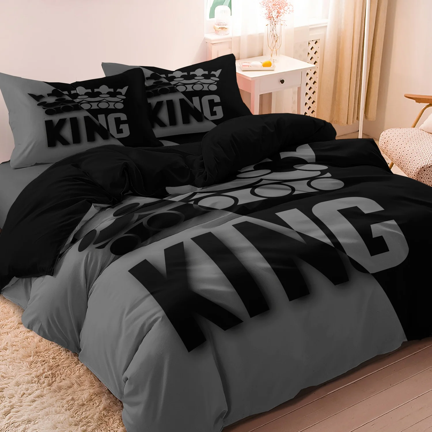 Grey and Black King Size Bed Pattern Down Duvet Cover Set, Soft and Comfortable Bedroom and Dormitory Decoration Bedding Set - view 6