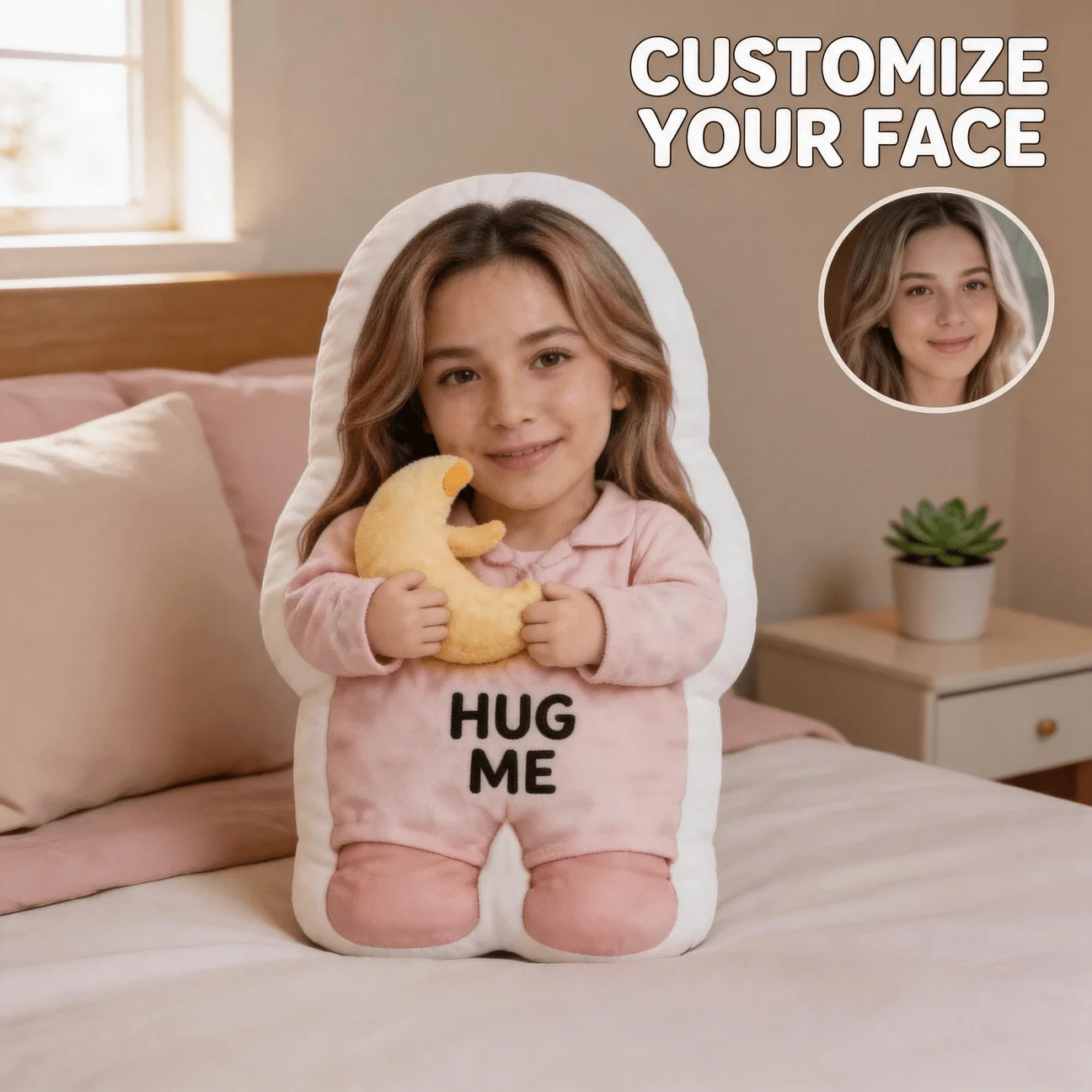 Custom Personalized Photo Face Pillow, Smiling in Pink Outfit Custom Shaped Decorative Cushion, 60CM Home Decor Accent Pillow fo