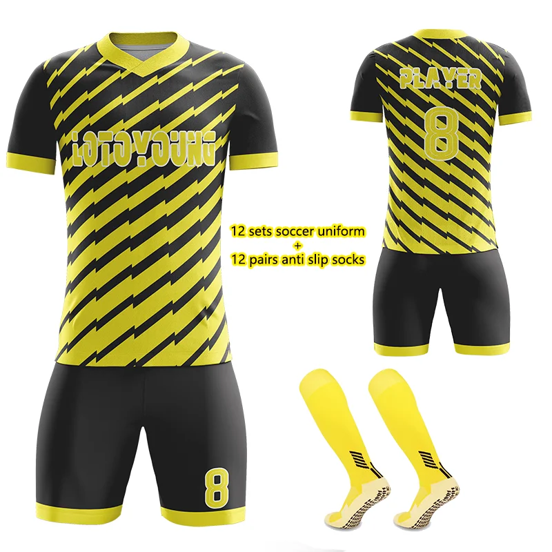 

Football Jerseys Customized 100% Polyester Soccer Uniform Black and Yellow Soccer Jerseys Team Kits Soccer Sets with Socks