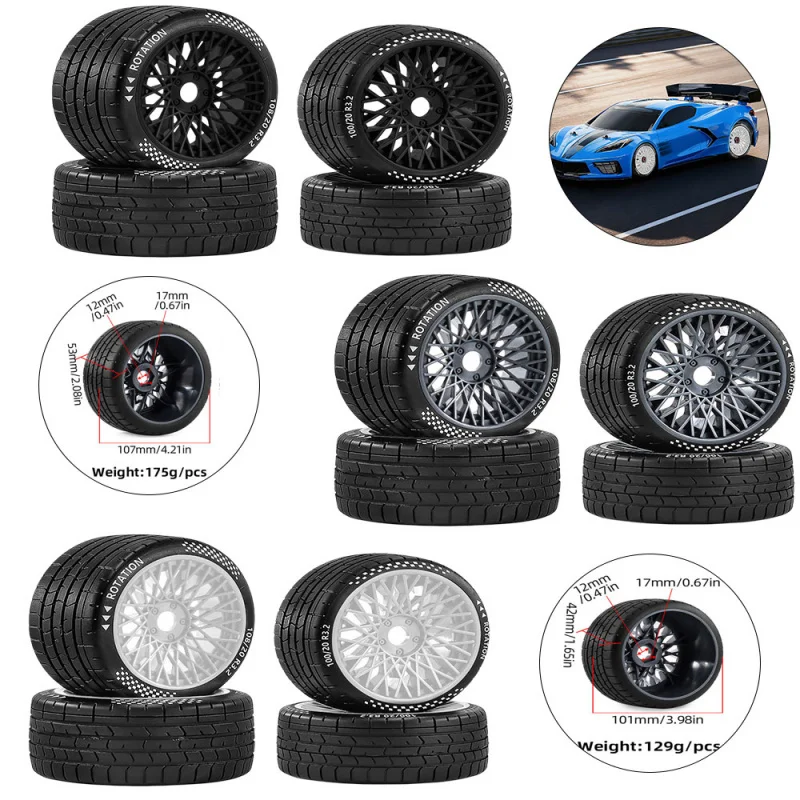 

Комплект из 4 колес с шинами для радиоуправляемых моделей 1/7 ARRMA Felony, Infraction, FSR, Ford Mustang GT RWD, 2 передних и 2 задних колеса, шестигранный хаб 17 мм