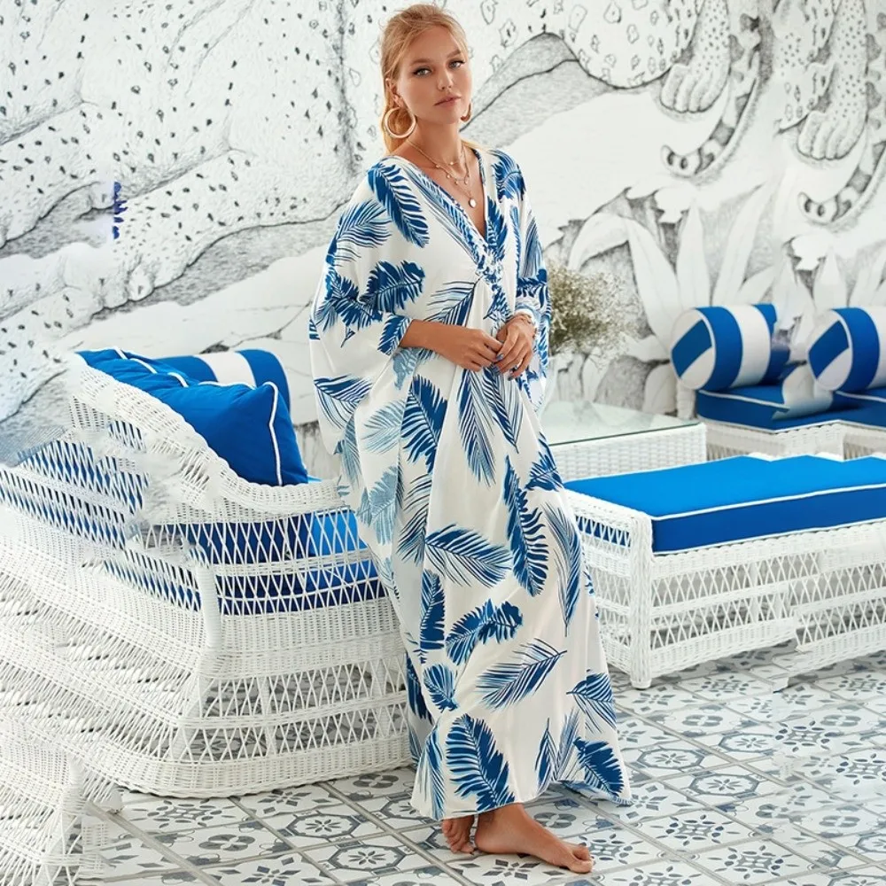 

Fashion Boho Bikini Cover-ups Oversized Leaves Print Loose Maxi Dress Open Front Sunscreen Shawl For Women