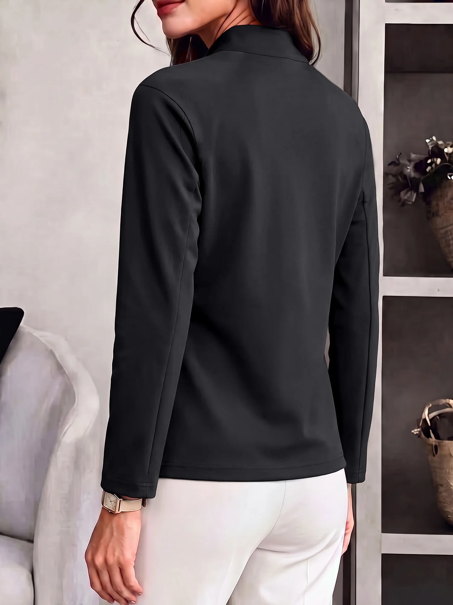 Fashion Ladies Open Front Mandarin Collar Blazer Long Sleeve Solid Slim Fit Office Casual Jacket