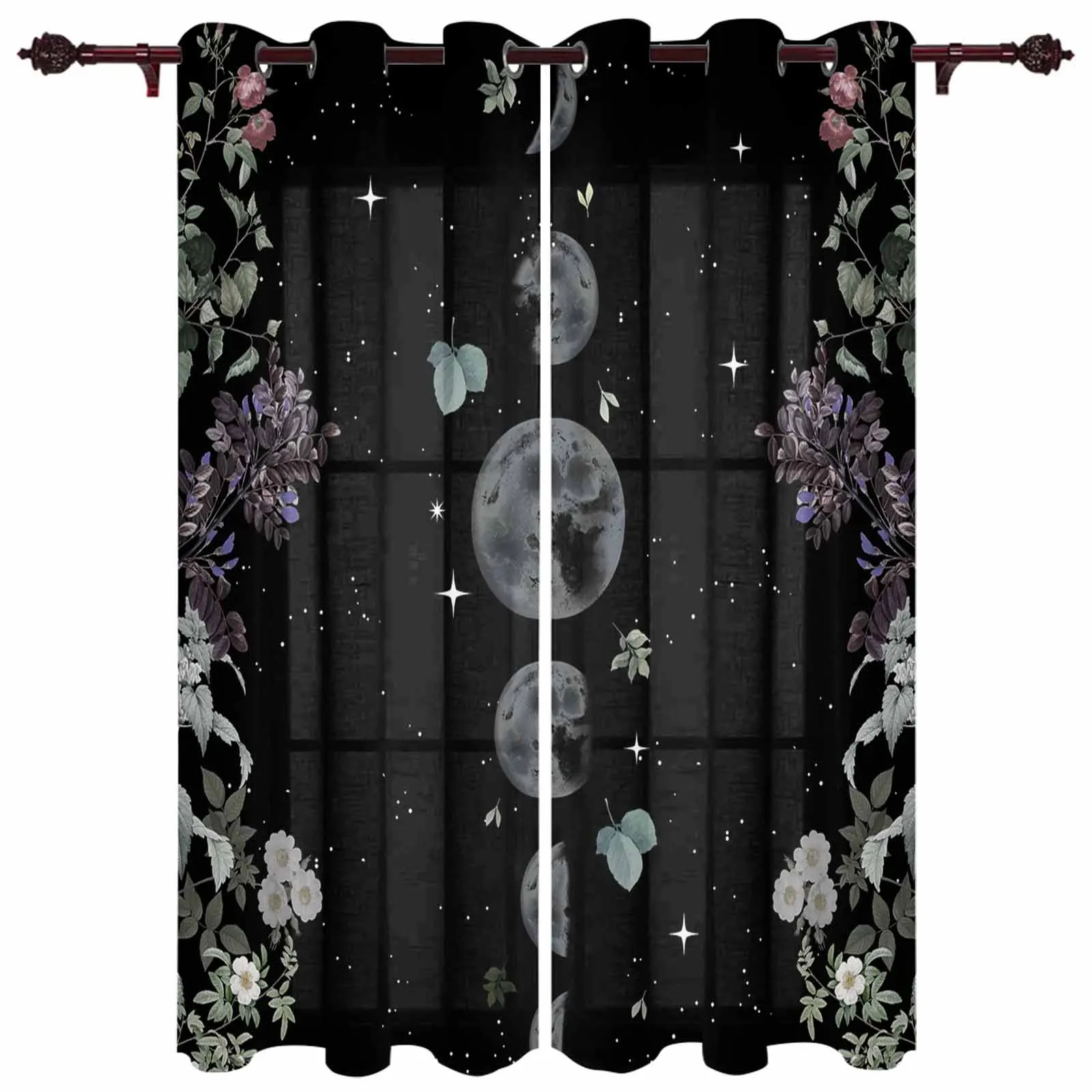 Lunar Flowers Plants Retro Stars Black Window Curtains for Living Room Luxury Bedroom Curtains Coffee Dining Room Drapes