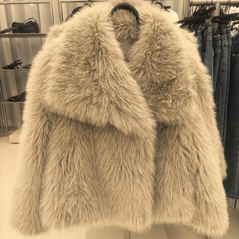Women Faux Fur Coats Solid Fur Jackets Cotton Linen Turn Down Collar Long Sleeve Open Stitch Loose Streetwear 2026 Autumn Winter