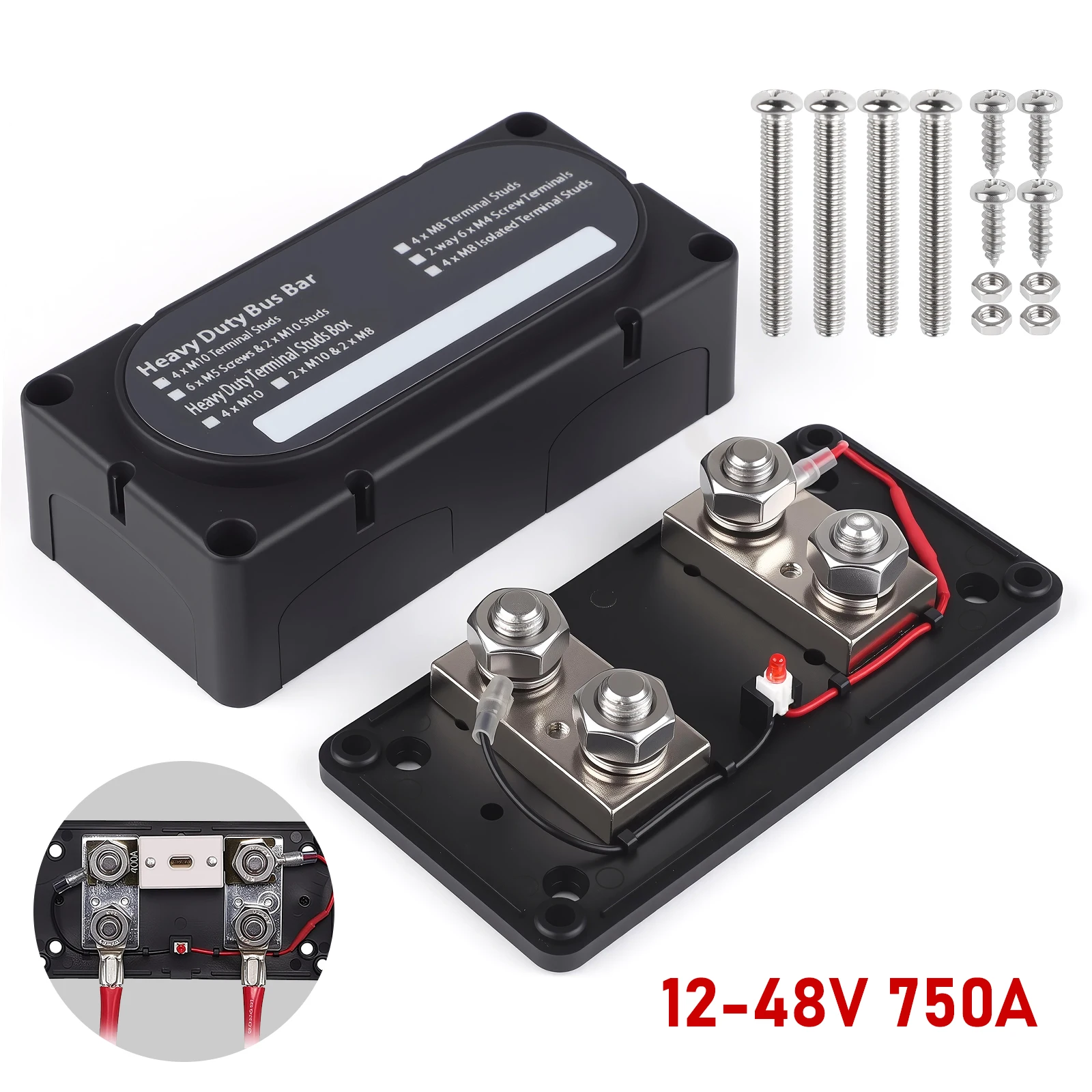 12-48V 750A 4 Terminal Stud Size M10 Power Distribution Block Bus Bar Positive Negative Electrode BusBar for Boat RV Truck Car