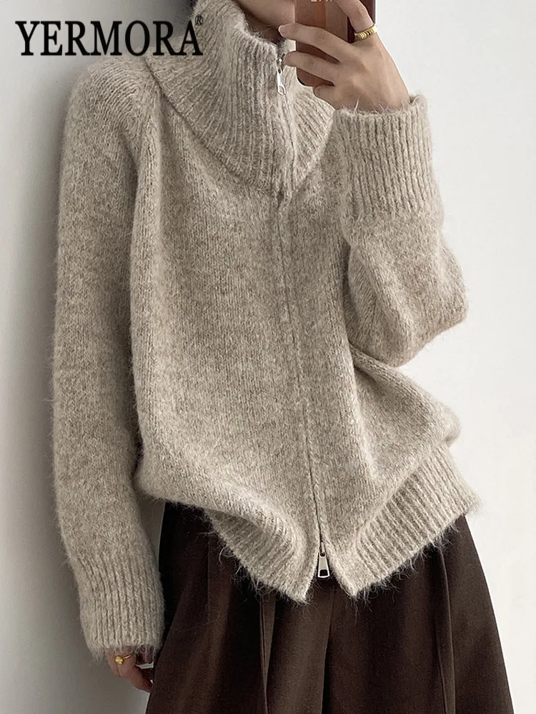 

YERMORA Apricot Zipper Brief Casual Knitting Cardigan For Women Stand Collar Long Sleeve Loose New Sweater Fashion Autumn Winter