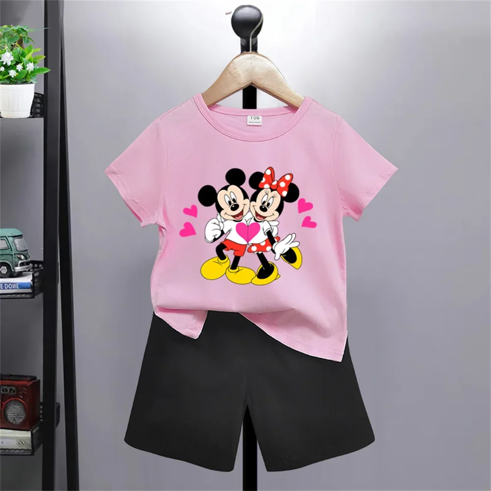 New Disney Mickey Mouse Short Sleeve Shorts Set Boys Girls Kids Sweatshirt cartoon top casual promotional clothing 100-160