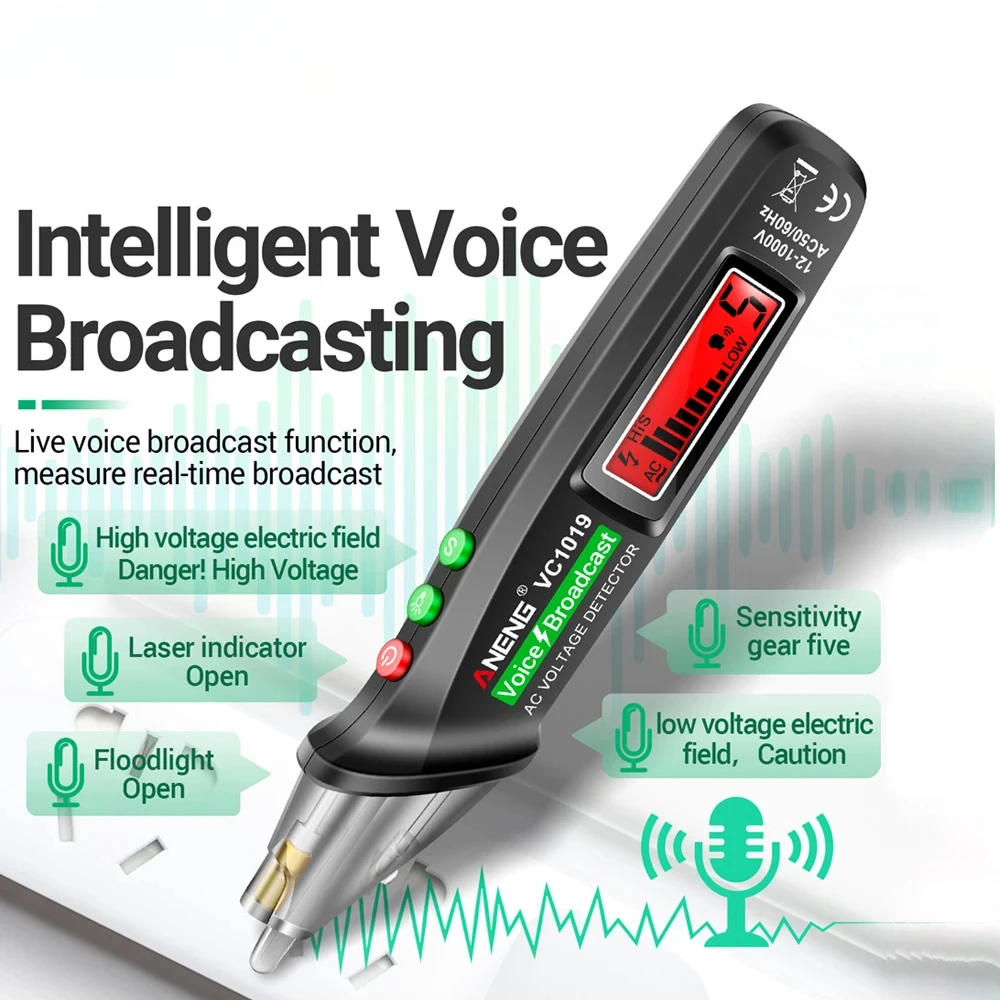 VC1019 Intelligent Voice Broadcast Tester Pen 12V-1000V Infrared Sensor Positioning Voltage Tester Electric Wire Detector