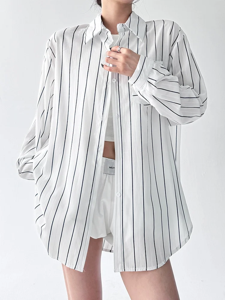 Zomer 2025, dames casual gestreepte zonbescherming irt losse lange Sve-kraag polyester katoenmix bovenkleding top