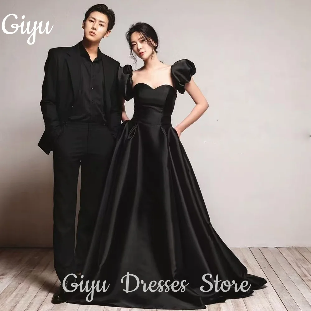 

Giyu New Korea Sweetheart Black Wedding Party Dress Satin Puff Short Sleeves Pleat Evening Party Dress A Line Customized 2025