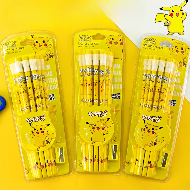 12 sztuk/pudło Pokemon artykuły papiernicze Pikachu ołówek z kreskówek figurki Anime Pikachu Kawaii dzieci szkolne artykuły papiernicze ołówek z