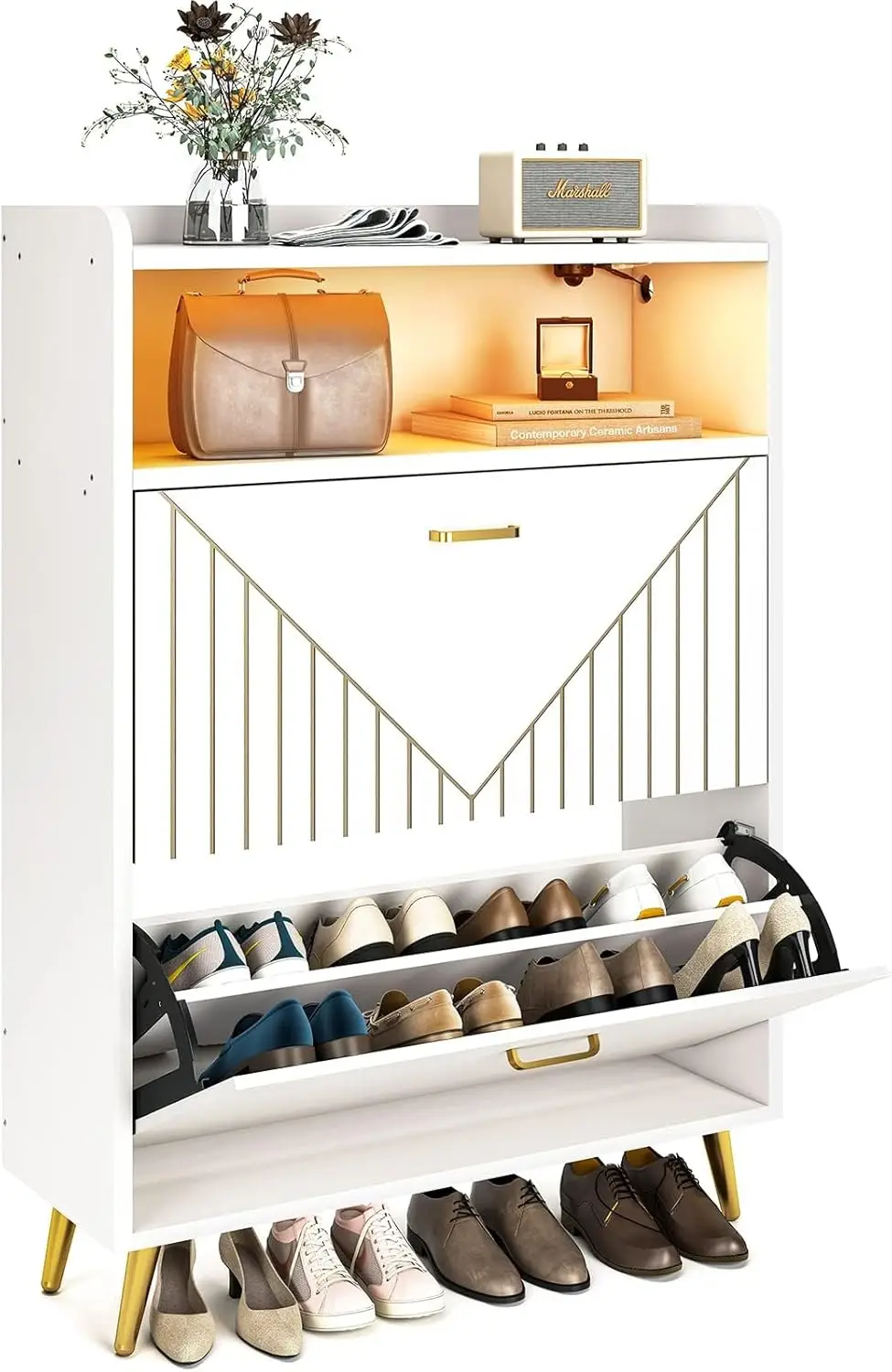 

Shoe Cabinet with Flip Doors, Shoes Storage Organizer with Motion Sensor Led Light, Entryway Wood Freestanding Tipping