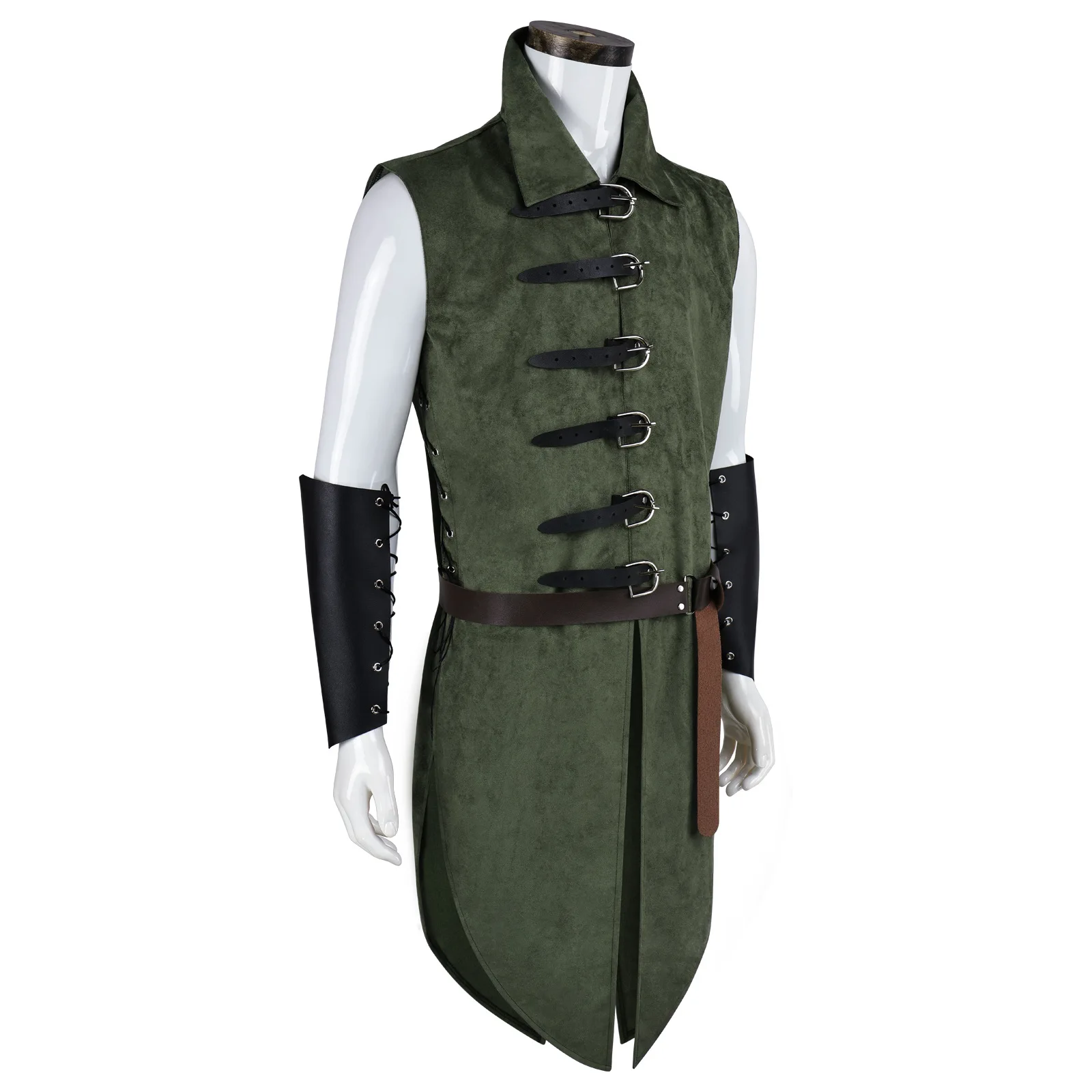 Men Medieval Retro Elf Long Vest Set Waist Cincher Wrist Guards Ranger Stage Cosplay Performance Costume view 3