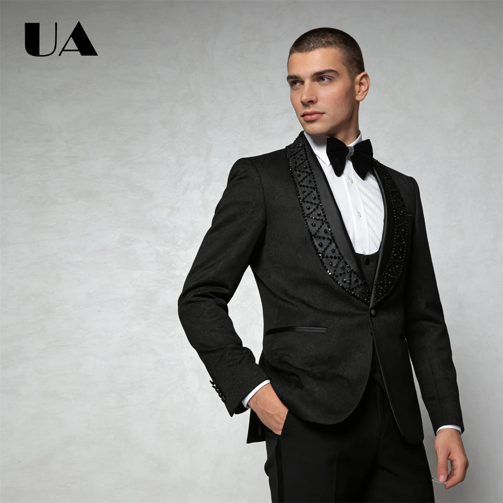 

Three Pieces Suit Attire for Men, (Jacket Vest Pants) Luxury Handmade Men's Formal Suit Set, One Button Crystal Detailing Tuxedo