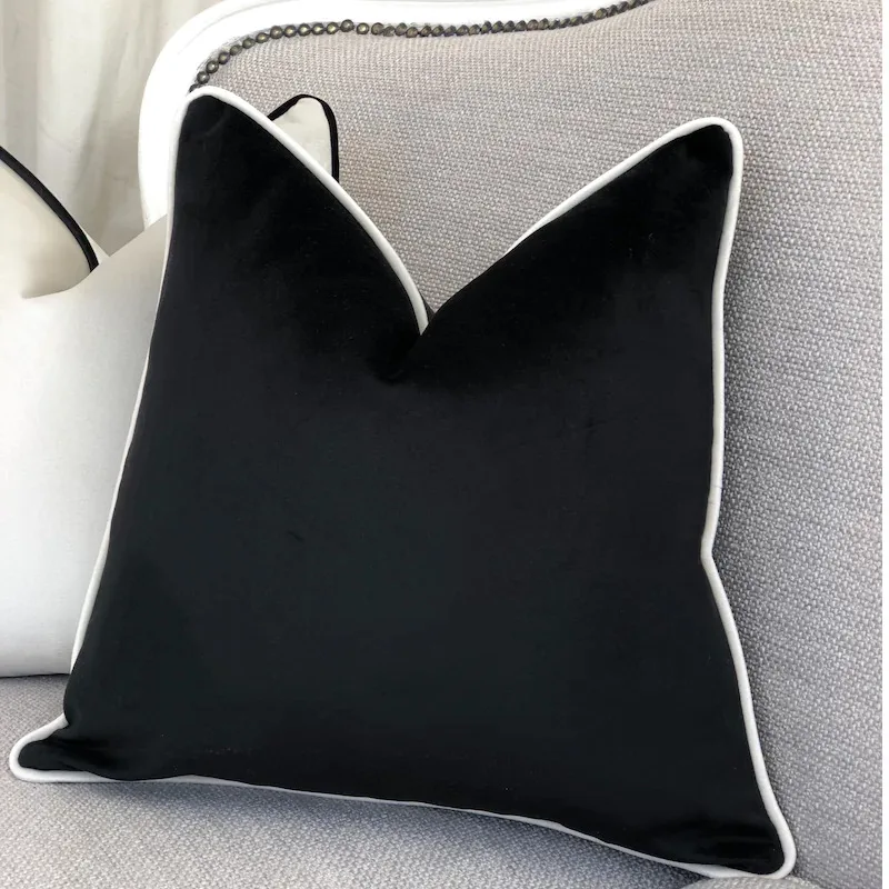 High Quality Black and White Velvet Hemming Pillowcase Simple Nordic Style Pillow Cases 60x60 Modern Light Luxury Cushions Cover