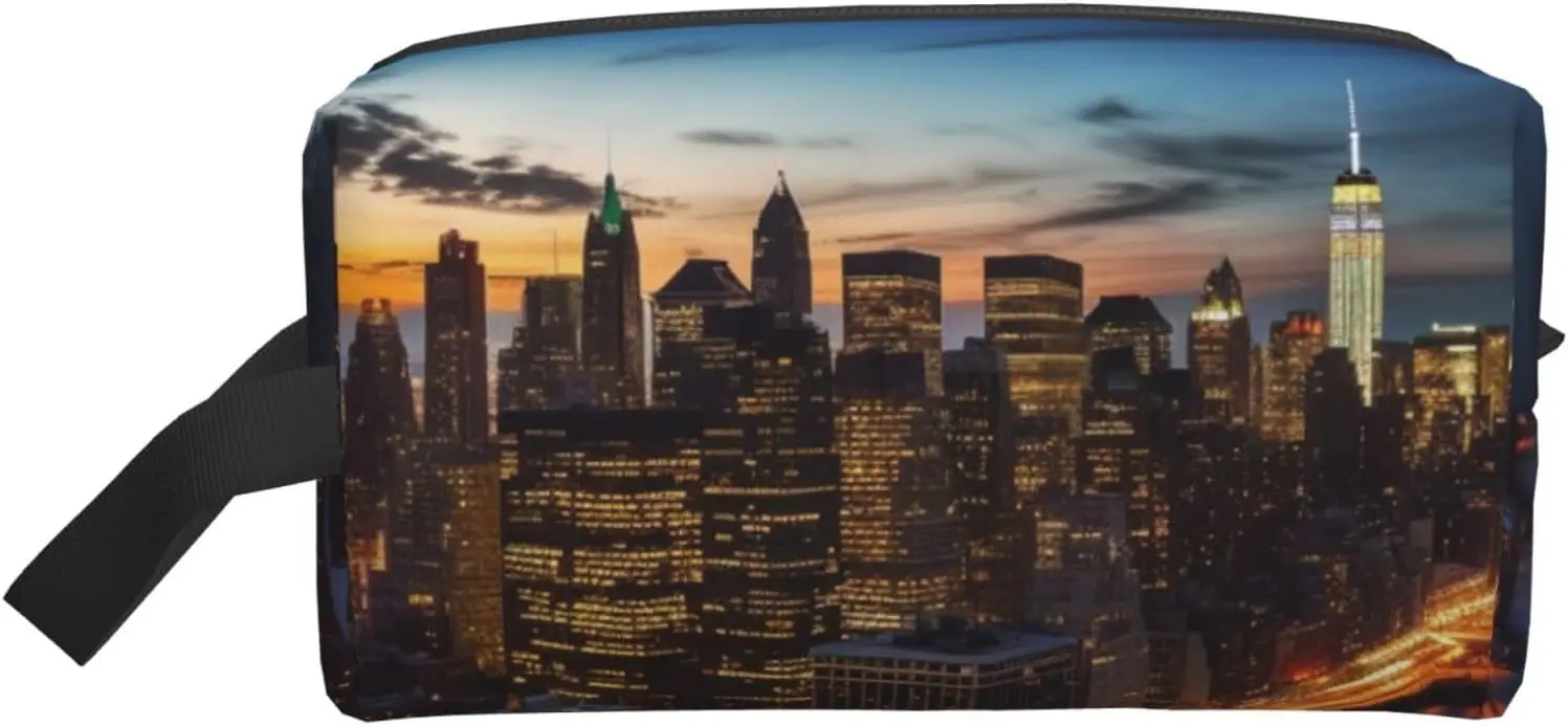 

Travel Toiletry Bag for Women Men Leather Makeup Bag Large Portable Travel Organizer New York City Scenery Cosmetic