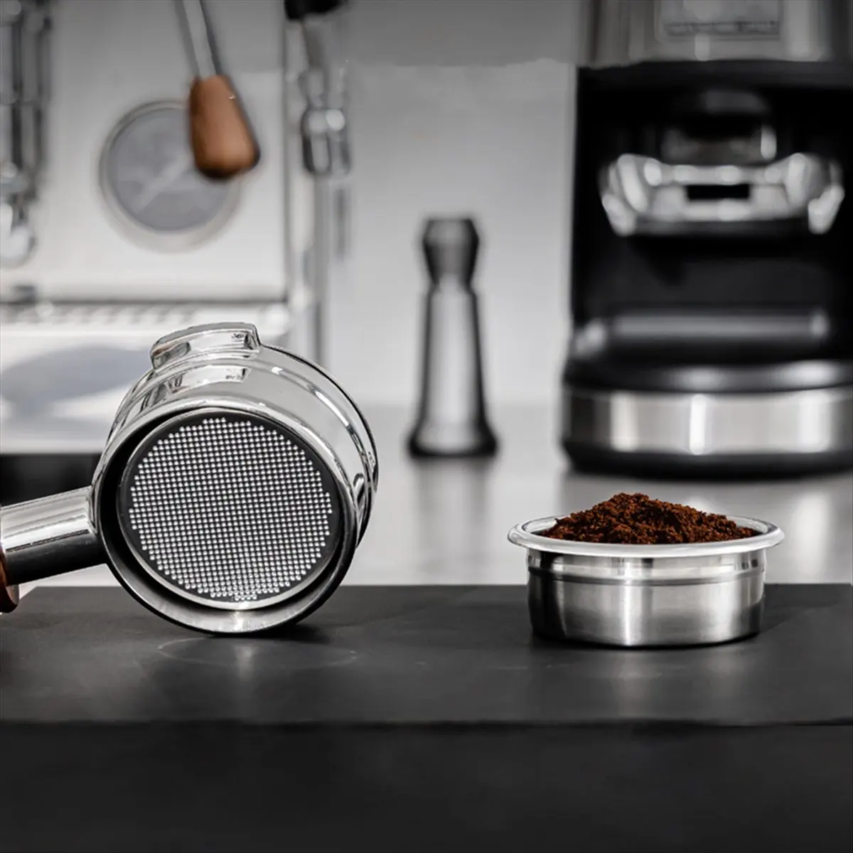 N14R Top 58.5MM Espresso Filter Stainless Steel Powder Tank Powder Bowl Coffee Basket Bilayer Extraction Powder Bowl,D