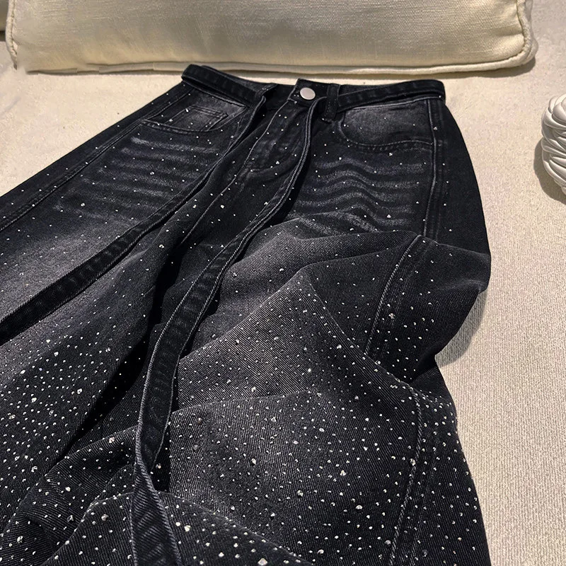 Retro Black Gray Gradual Change Flash Diamond Wide Leg Pants High Waist Drawstring Thin Street Wind Loose Straight Mopping Jeans