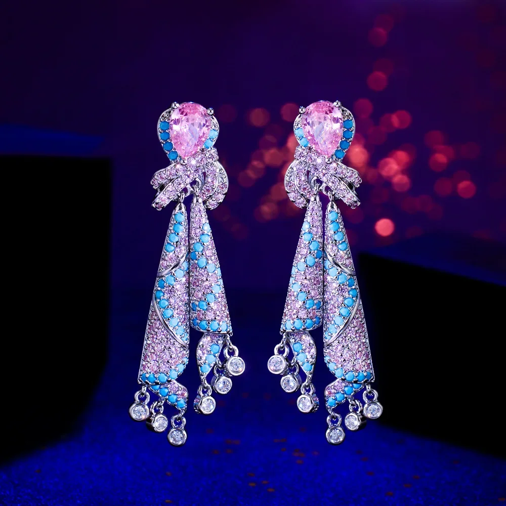 

Exquisite Peacock Inspired Earrings in Soft Pink Turquoise and Silver Embellished with Sparkling Zirconia Women Fashion Jewelry