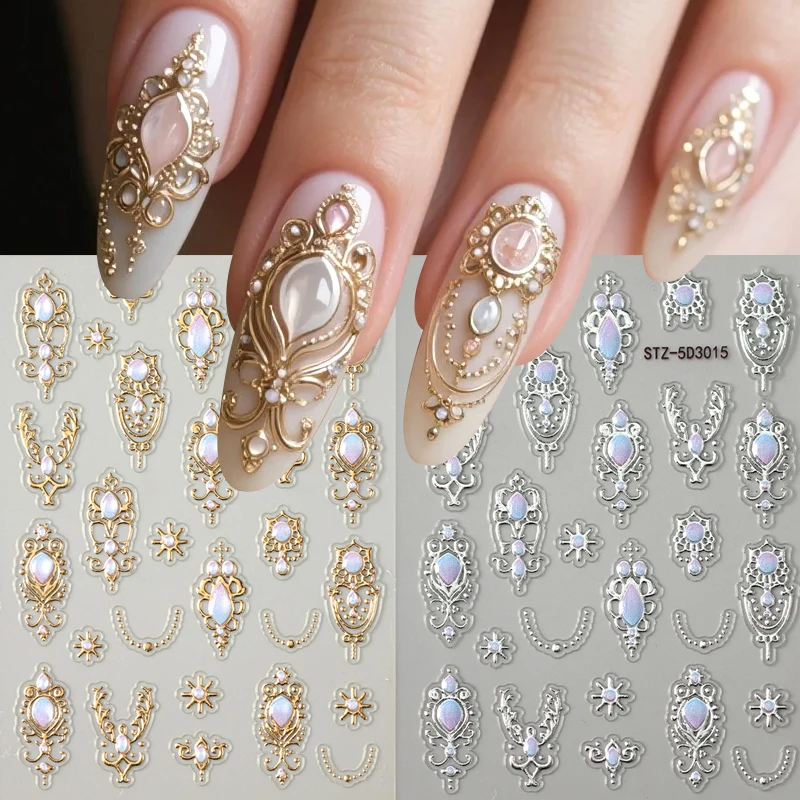 Luxury Golden Silvery Baroque Style Nail Embossed Stickers Y2K Metallic Retro Europe Pattern Nail Art Jewelry Decals Decoration