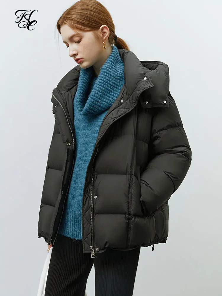 

FSLE 207G Filling Capacity Hooded Goose Women Down Jacket Solid Color Windproof Short Down Coat Winter Casual Loose Jackets