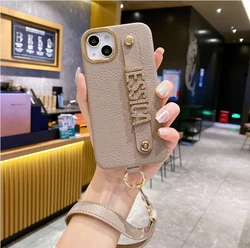 Personalized Leather Phone Case Name Letter Diamond Metal Letter Cover with Lanyard iPhone17 16 12 13 14 15ProMax 16 15 14Plus