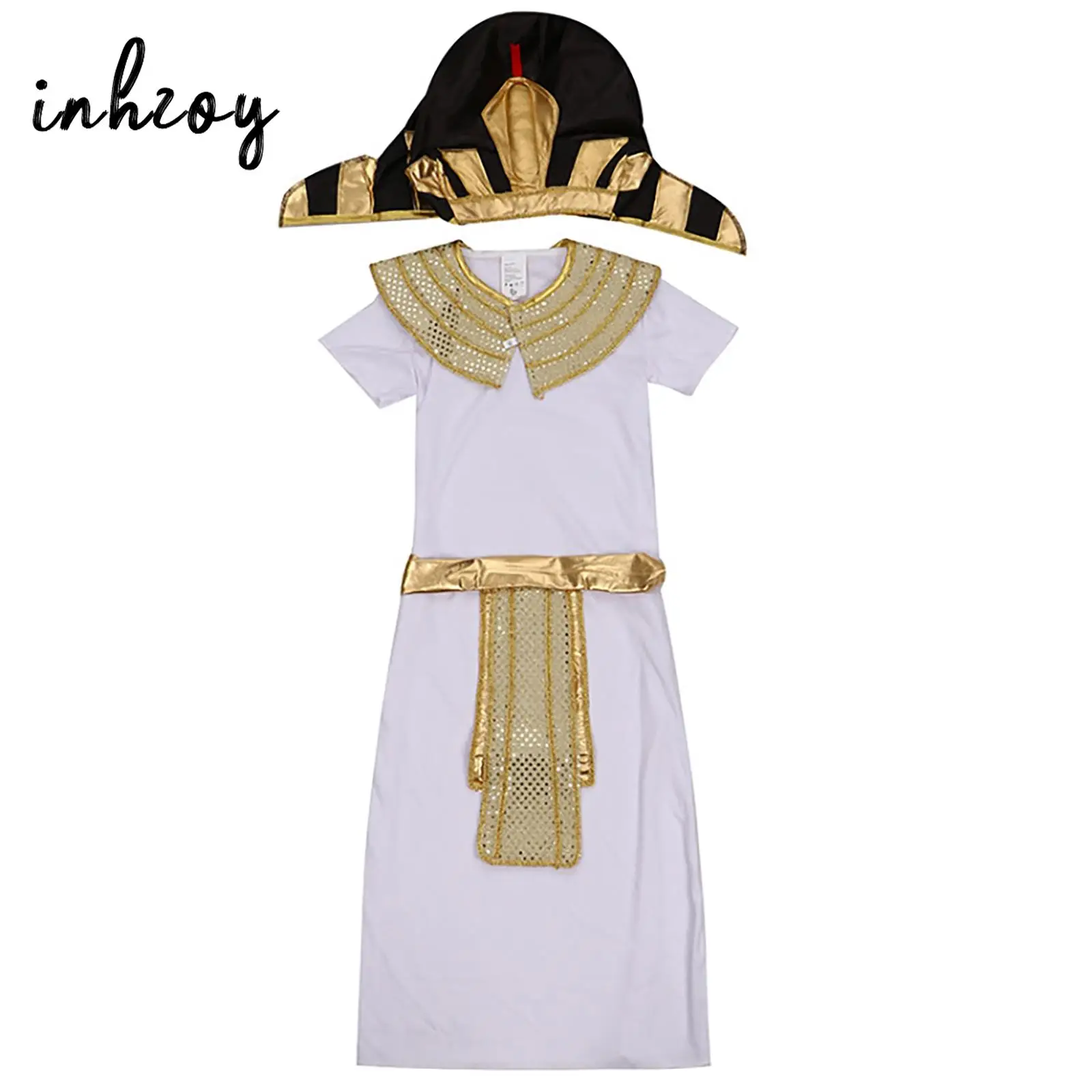 Kids Boys Ancient Egypt Cosplay Costume Egyptian Pharaoh Headpiece Fake Collar Waistband Robe Halloween Party Performance Outfit