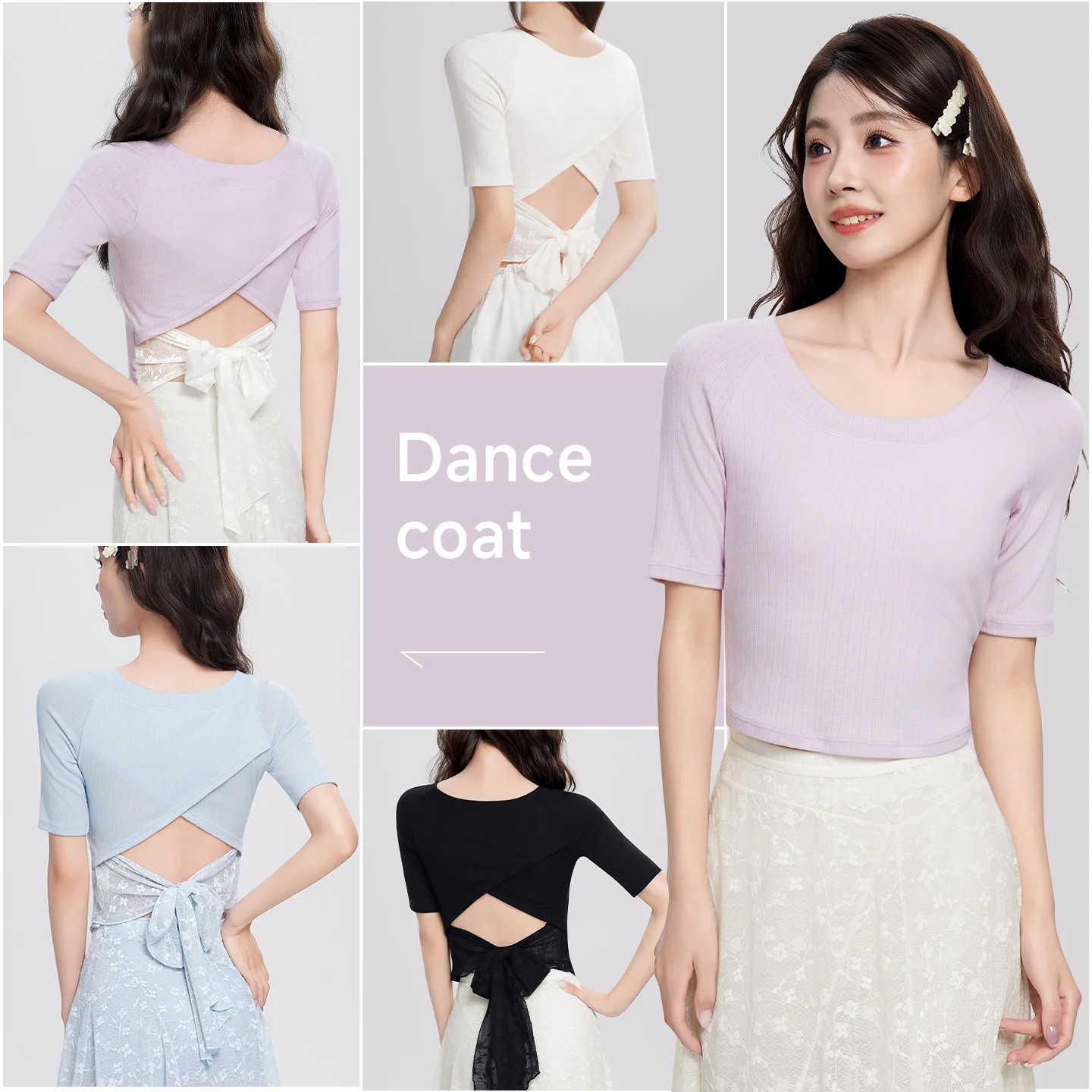 Woman Dance Tops Back Lace Splice Ballet Tops Short Sleeves Tie up Dance Shirt Adult Ballet Jacket Training Tops Yoga Tops