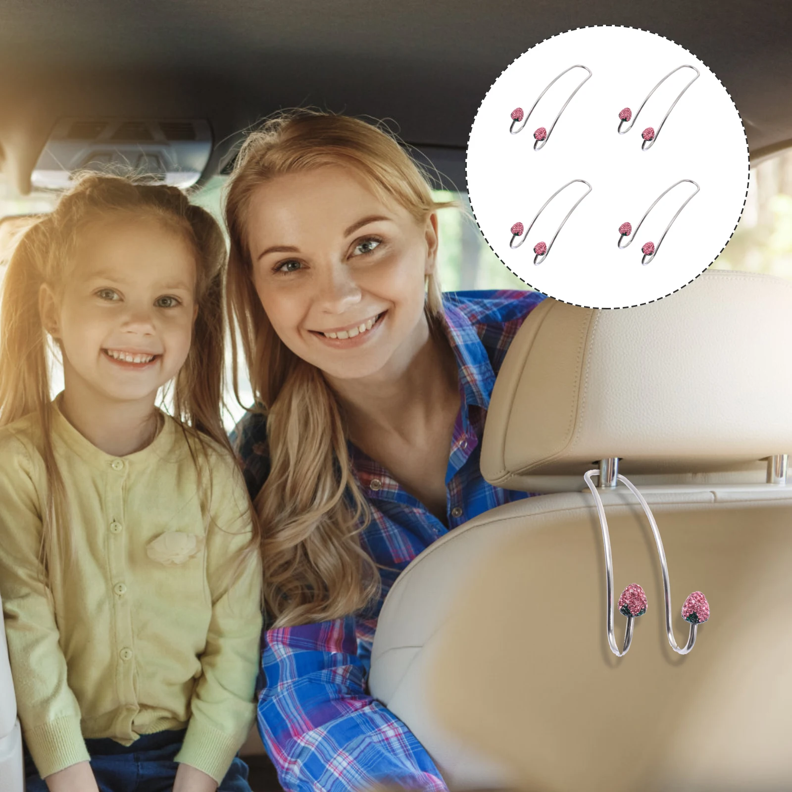 

4pcs Strawberry Rhinestone Hooks Durable Steel Car Seat Headrest Organizer Multifunctional Rear Storage Colored Accessories
