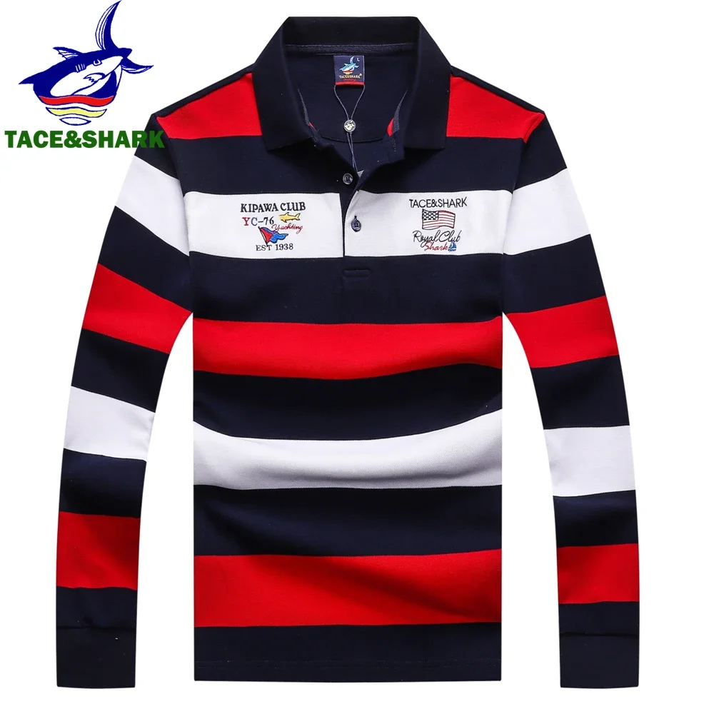 TACE&SHARK Fashion Brand Shark Long Sleeve Polo Ruby Blue Men Stripe Casual Business Polo Clothing for Men Cotton High Quality