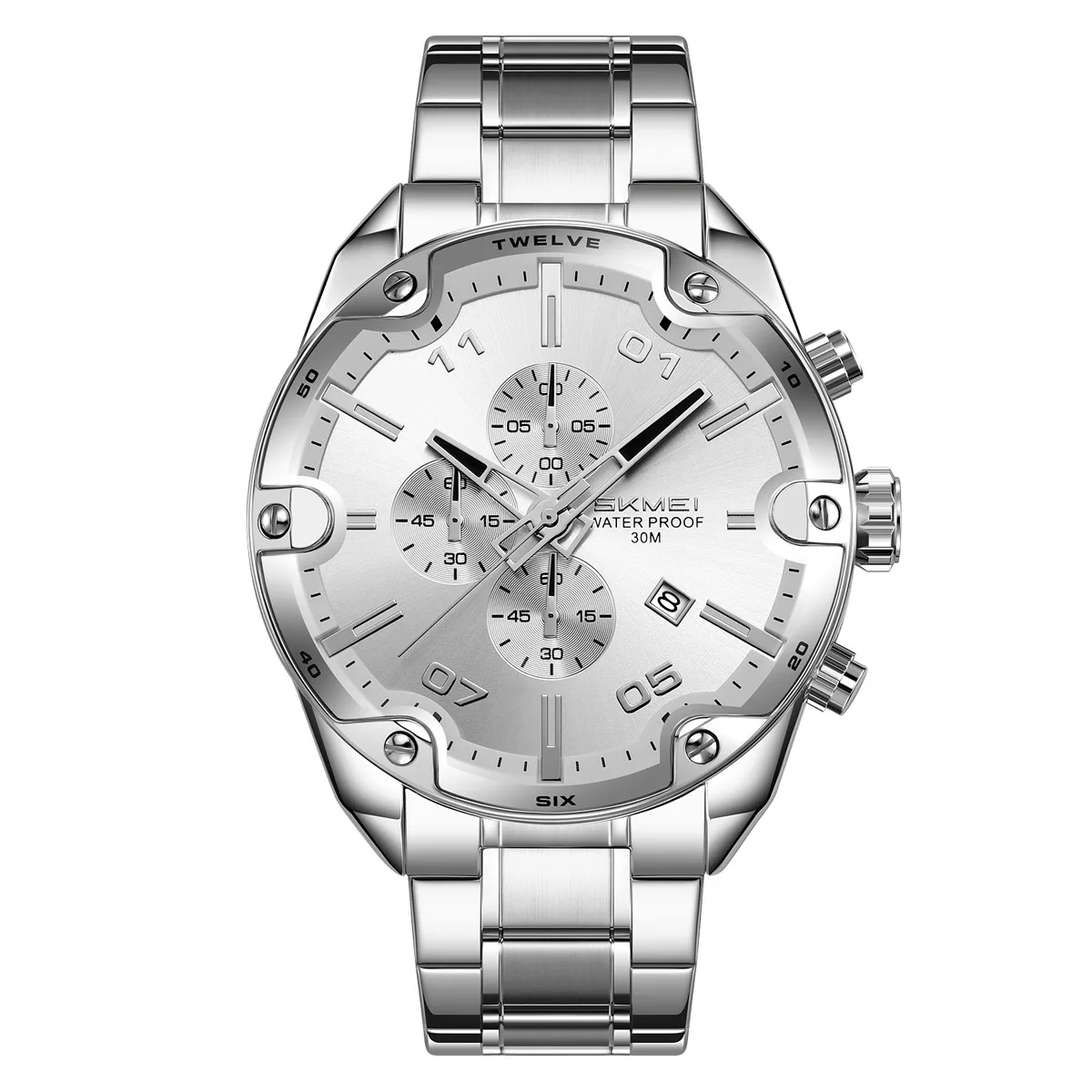 Three Eye Chronograph Steel Band Round Quartz Watch for Men with Waterproof Calendar Folding Clasp Wristwatch