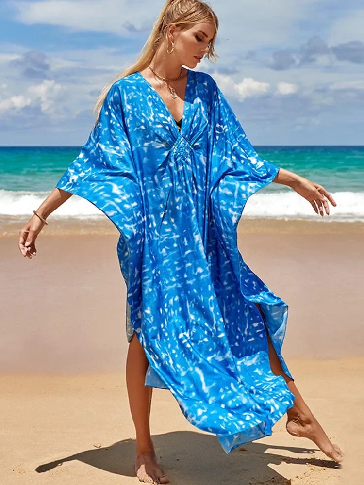 2025 nuevo vestido playero a rayas de cebra para mujer, bata con cuello en V, vestido largo elegante de talla grande para playa, traje de baño a la moda, ropa de playa para cubrir