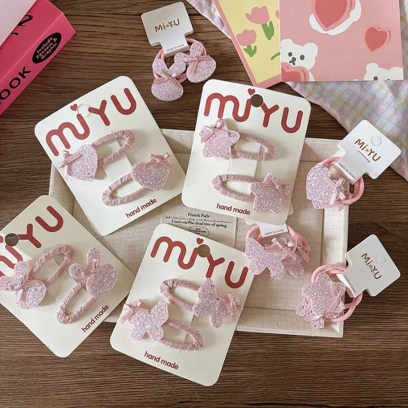 

2pcs/set Sparkle Sweet Pink Star Children Hollow Hairband BB Clips Girls' Bow Cute Side Bending Clip Princess Baby Hairpin