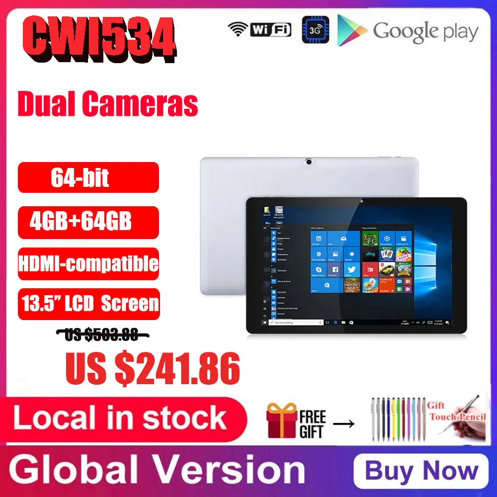 CWI534 tableta PC con sistema operativo Windows 10 de 64 bits, 13,5 pulgadas, N450, 3000x2000, IPS, cuatro núcleos, 4GB + 64GB, compatible con HDMI, Notebook, cámaras duales