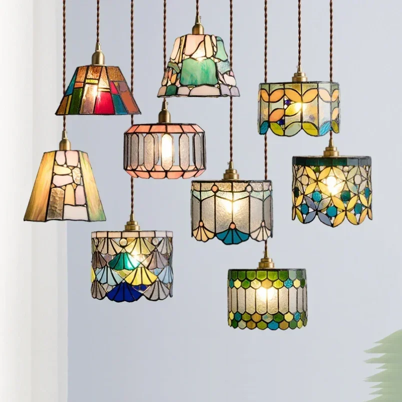 2025 Modern Retro Chandelier Bedroom Bedside Lamp Cafe Restaurant Bar Corridor Small Pendant Lamp Tiffany Creative Colored