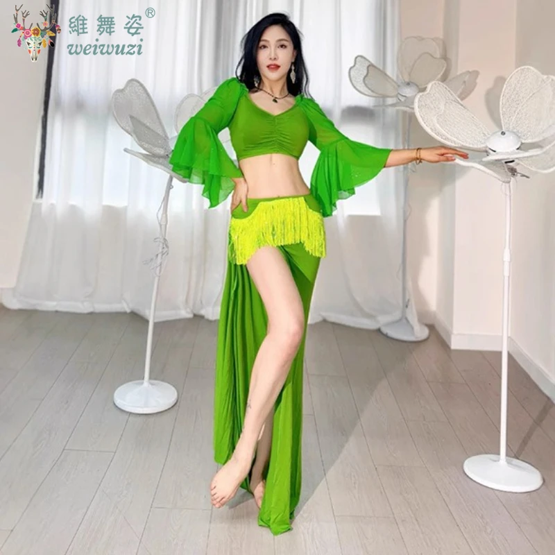 Robes de danse sexy pour femmes adultes, vêtements de danse en gaze de fil d'eau, 2 pièces, vêtements de scène à manches longues, vêtements de spectacle de concours de danse du ventre