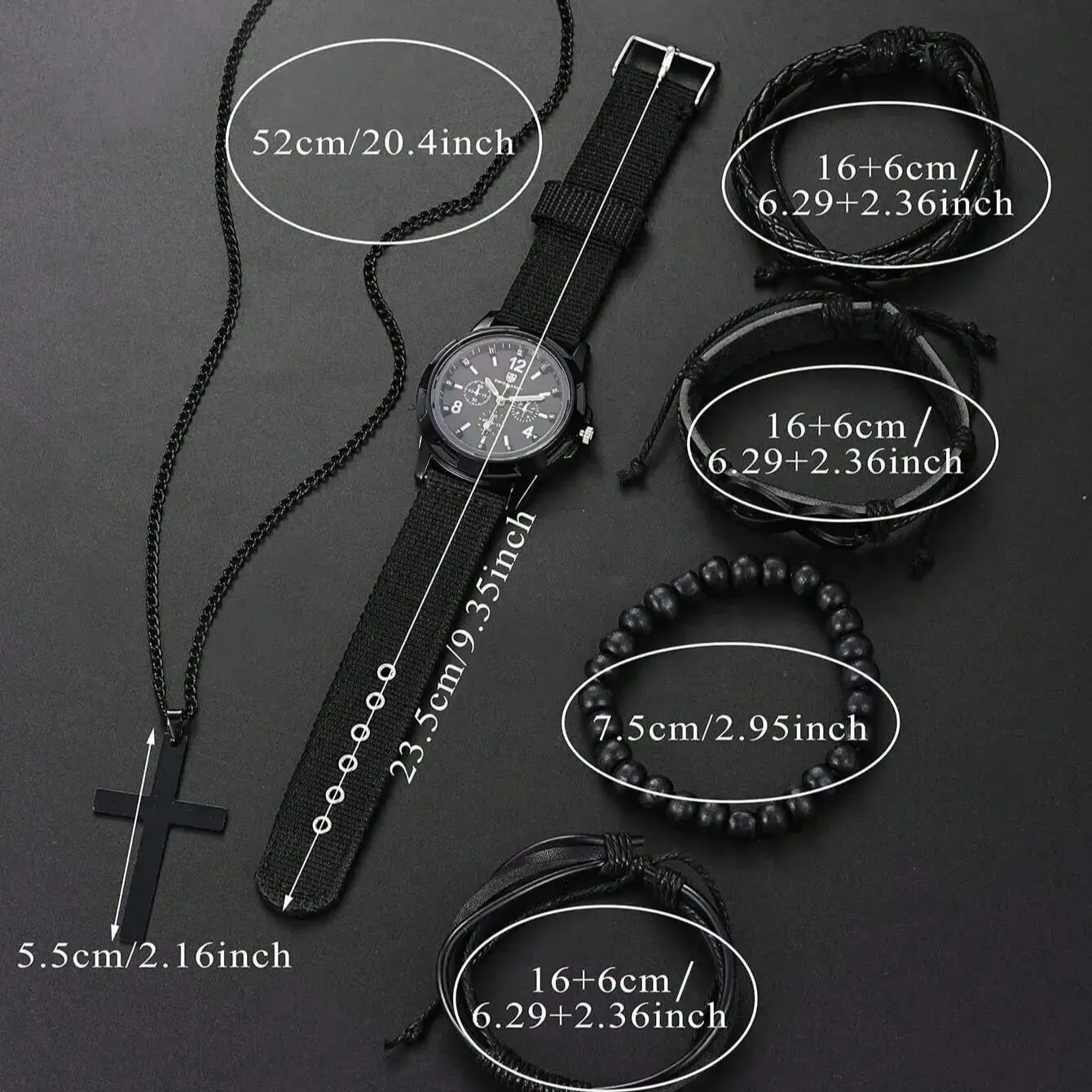 6pcs_Set Fashionable Pu Leather \'8\' Shape Beaded Bracelet With Mechanical Watch, Cross Pendant Necklace For Men, Black-Colored